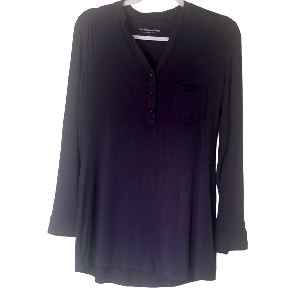 Soft Surroundings size small top Henley long sleeves roll tab front pocket.